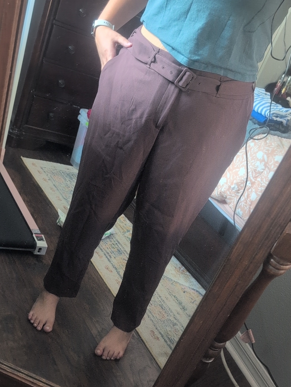 Classic High-Waist Tapered Pants - Plum/Brown